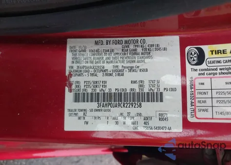 2012 Ford Fusion Sel z USA, uszkodzony, nr VIN 3FAHP0JA9CR229258